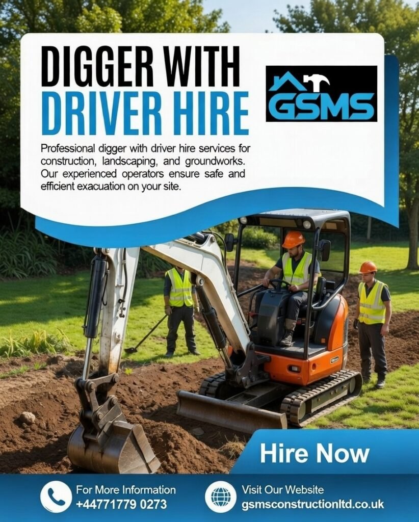 Mini digger hire Croydon operating in a residential garden with operator, preparing trenches for footings and drainage