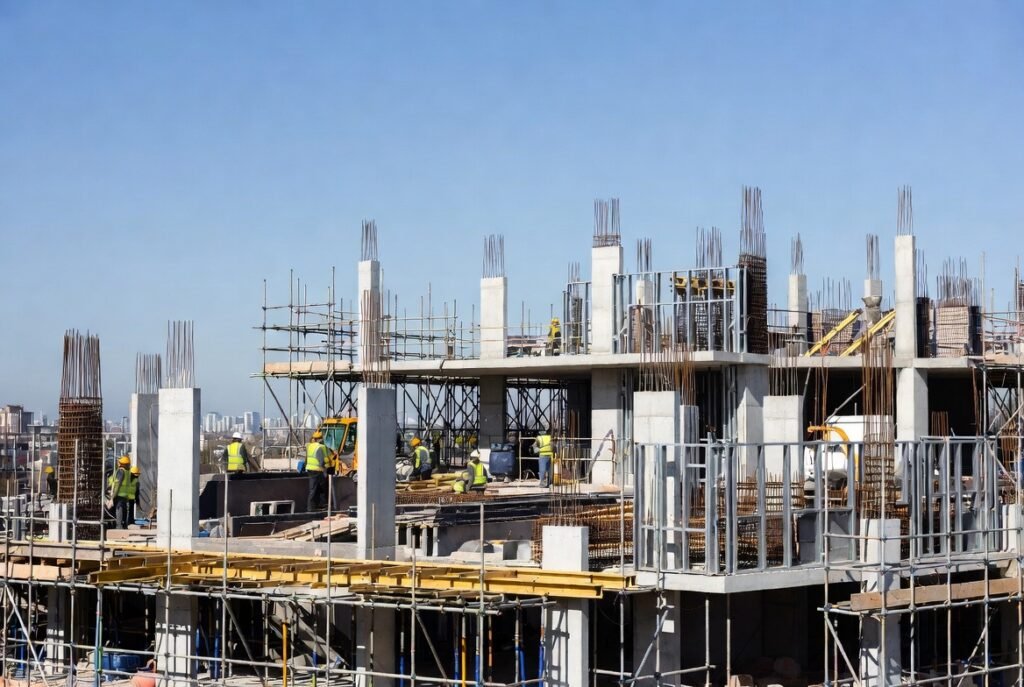 “Construction site in London with reinforced concrete (RC) frames being built by the best RC frame contractors London, showing steel rebar, concrete beams, scaffolding, and workers in safety gear.