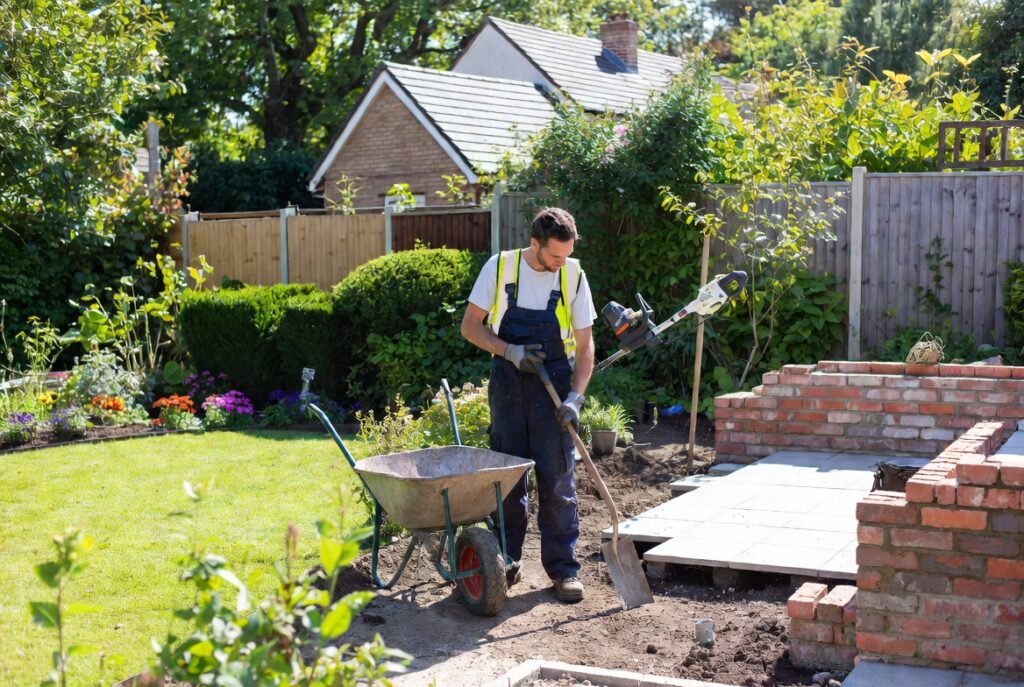 Trusted landscaper in Croydon installing a modern patio in a residential garden