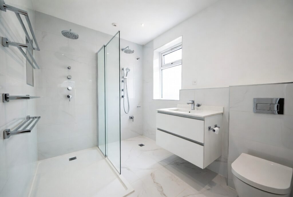 Bathroom renovation Croydon after – modern high-gloss white bathroom with luxury shower and bright natural light