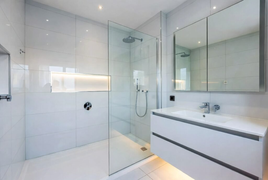 Completed luxury bathroom renovation Croydon – bright modern walk-in shower and floating vanity