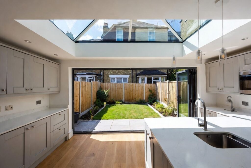 Modern single storey rear kitchen extension Croydon with large bi-fold doors and roof lantern creating bright open-plan space
