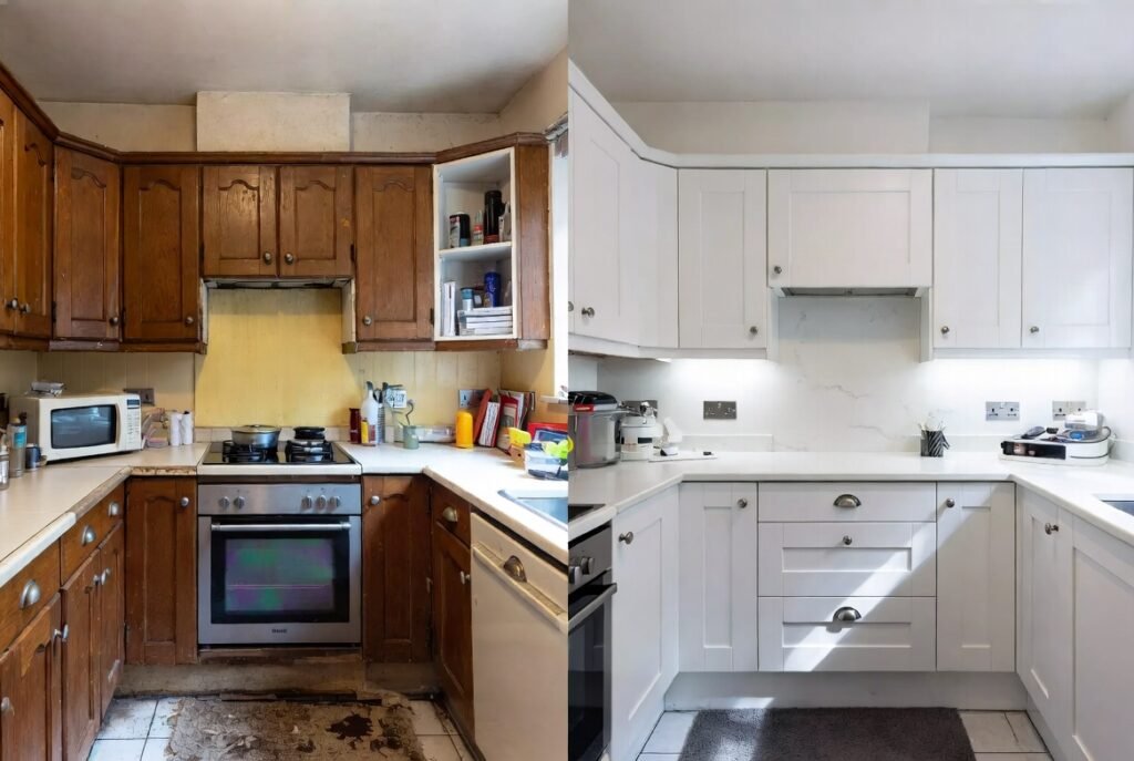 Kitchen renovation Croydon after – stunning high-gloss white shaker kitchen with shiny quartz worktops and bright natural light