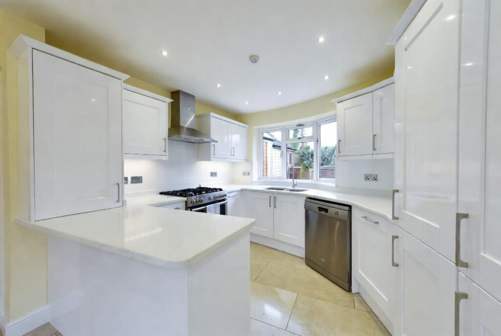 Shiny high-gloss kitchen doors and reflective quartz worktops after renovation in Croydon – premium modern finish