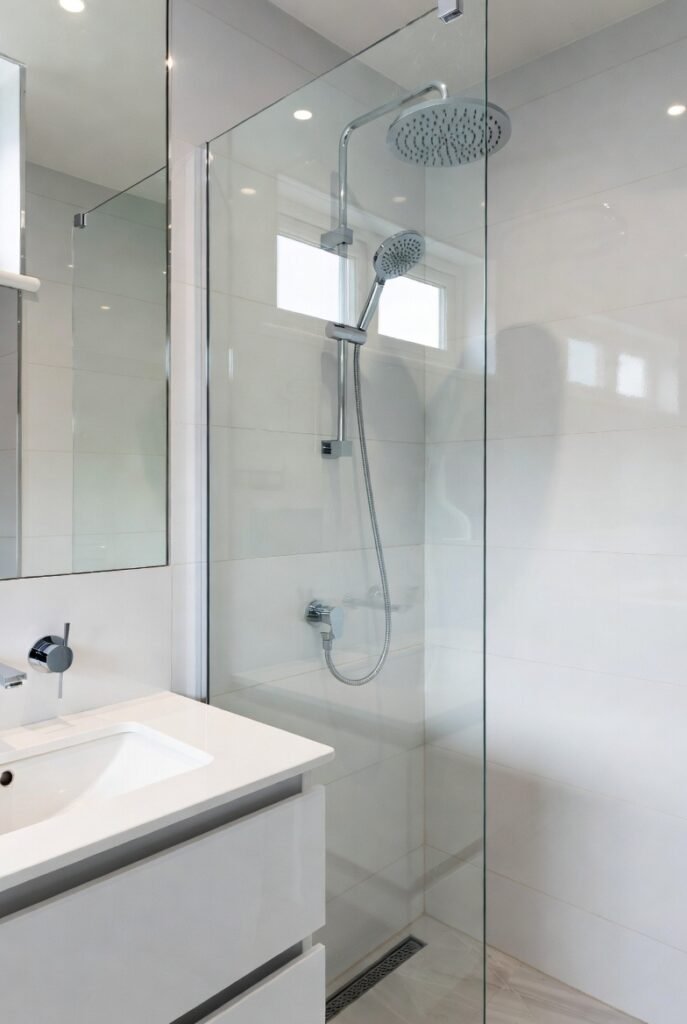 Shiny high-gloss tiles and luxury shower after bathroom renovation in Croydon – premium modern finish