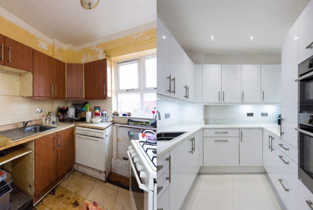 Completed kitchen makeover Croydon – luxurious high-gloss white kitchen with quartz island, LED lighting and modern appliances