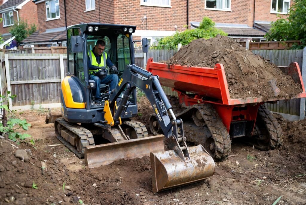 Mini digger and dumper hire Croydon – working together on groundwork project