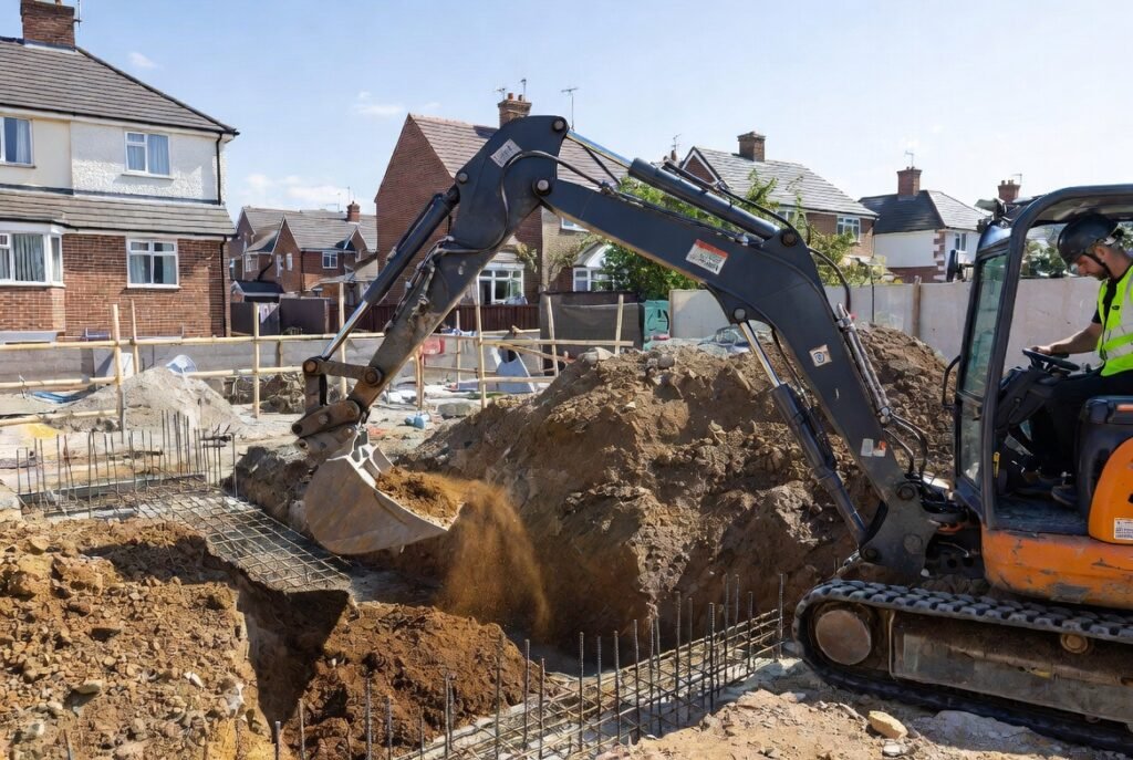 Excavation contractors Croydon digging foundations with mini digger on building site
