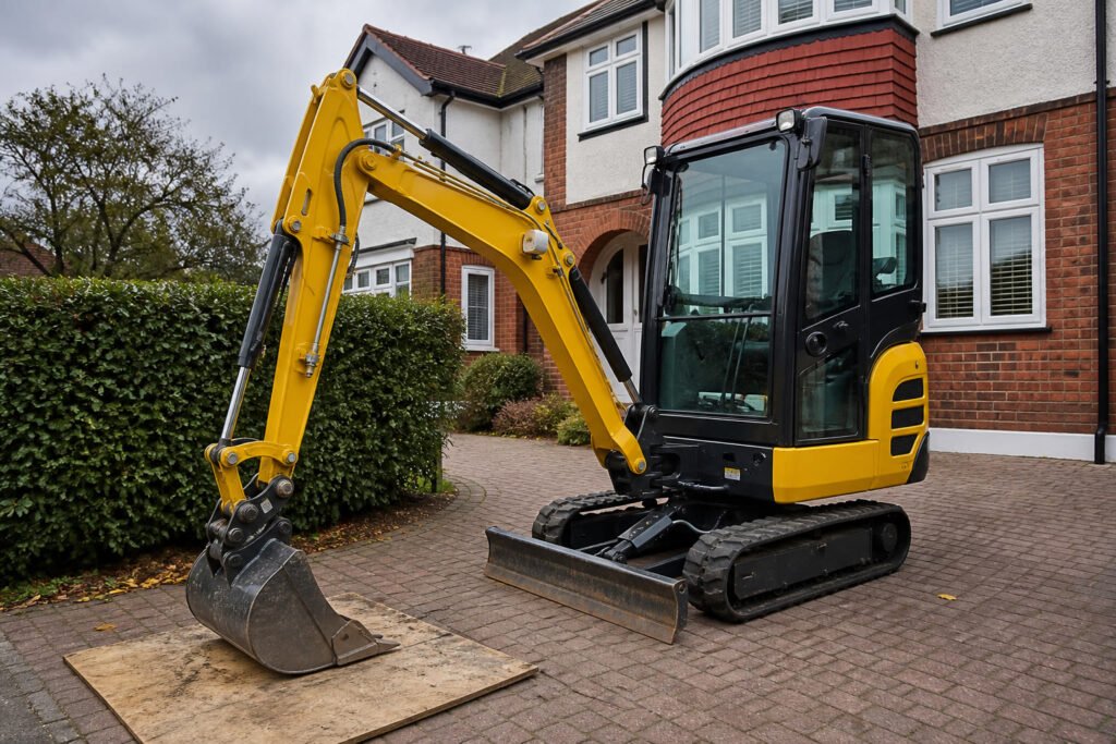 Digger hire with driver Barnet: mini excavator on a North London residential driveway, ready for operated hire