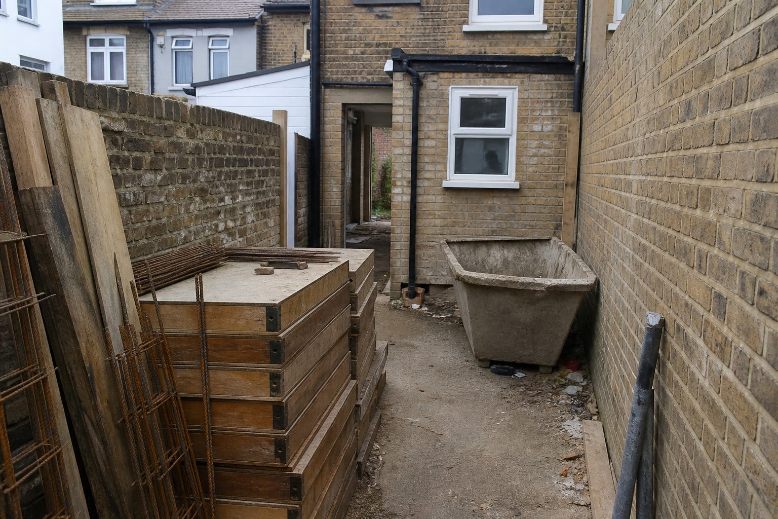 RC frame contractors Edmonton installing in-house formwork on a tight North London N9 plot