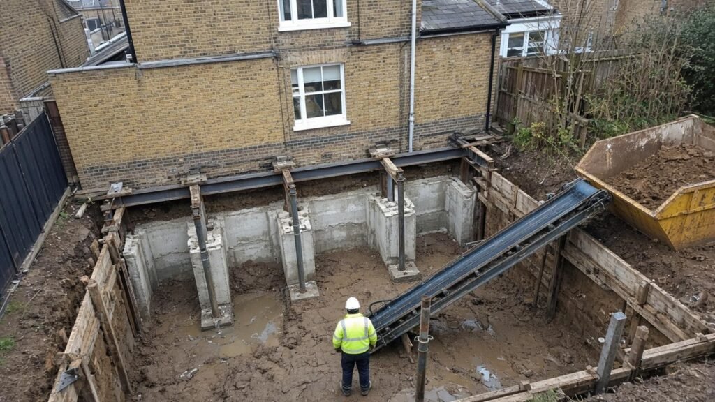 Basement excavation with propped underpinning beneath a Victorian semi-detached house in Croydon
