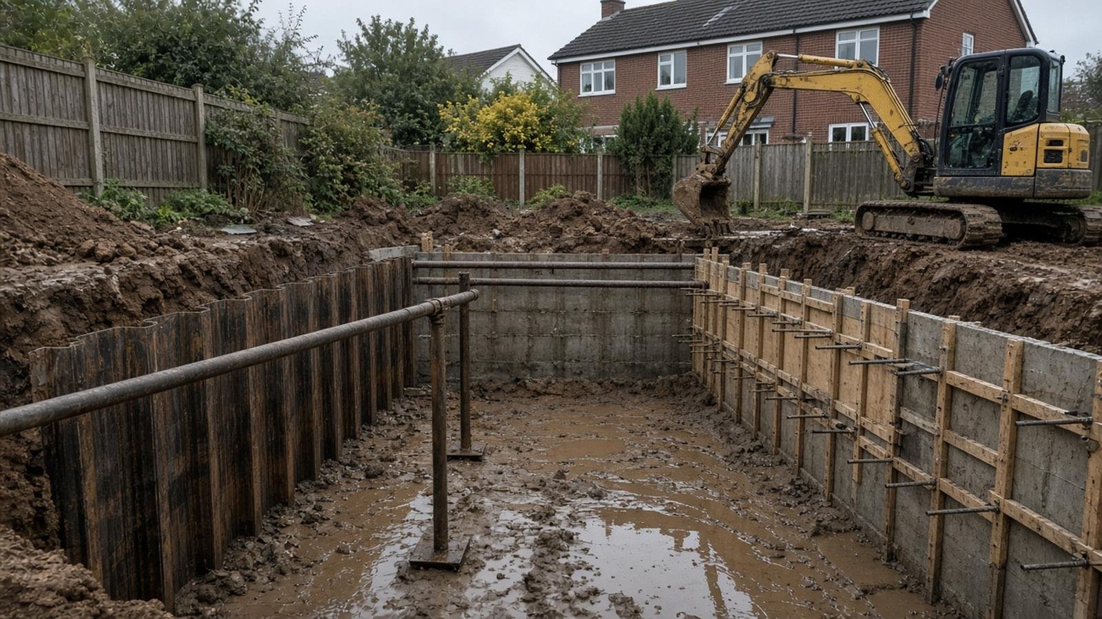 Residential basement dig in Surrey with steel sheet piles, temporary props and plywood retaining wall formwork in wet clay