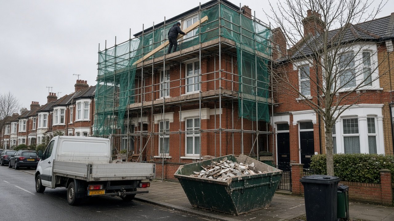 Scaffolding and debris netting on a terraced house in Croydon for a loft conversion