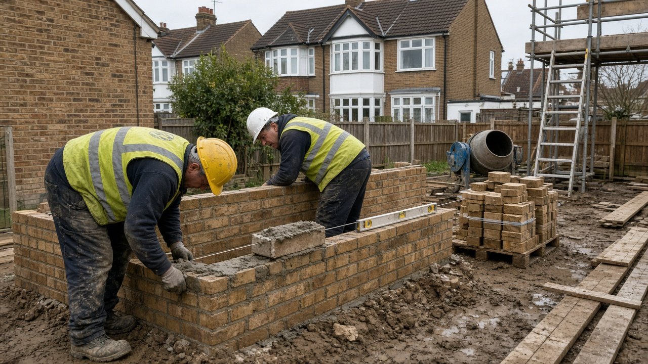 Home builders laying brickwork for a single-storey rear extension on a 1930s semi in Croydon