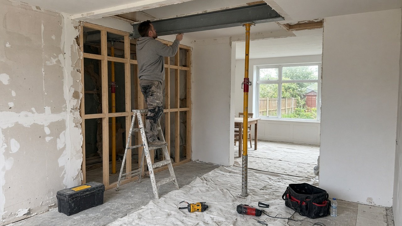 Steel beam being fitted for an open-plan kitchen renovation