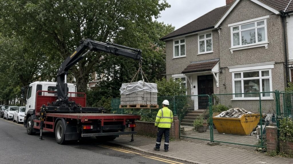 Crane lorry unloading pallets of concrete blocks outside a 1930s semi-detached house on a Croydon residential street