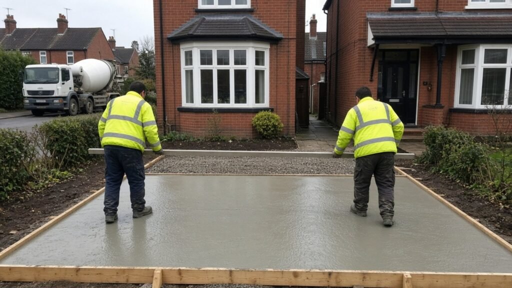 New concrete driveway being laid and screeded in front of a semi-detached house in Croydon
