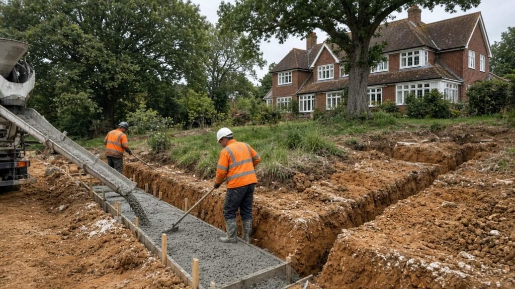 Ready-mix concrete being poured into foundation trenches dug in clay and chalk soil on a sloping plot in Chipstead