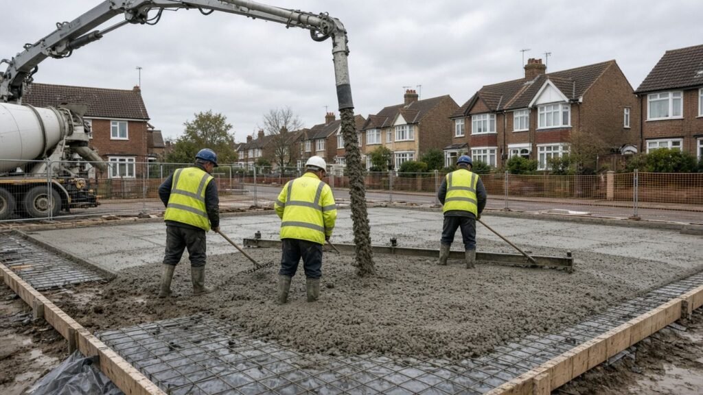 Concrete pump boom placing concrete onto a steel-mesh reinforced ground slab on a Croydon building site