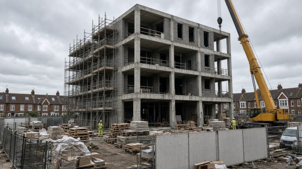 Four-storey mixed-use building shell with concrete frame and scaffolding under construction in Wembley