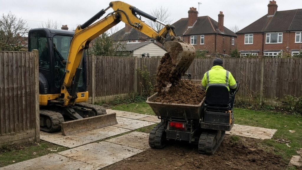 Mini digger loading a tracked dumper with spoil during garden groundworks in Croydon
