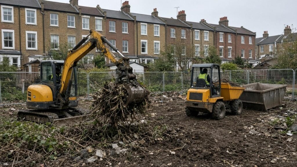 Mini digger and site dumper with drivers clearing an overgrown plot on a London building site