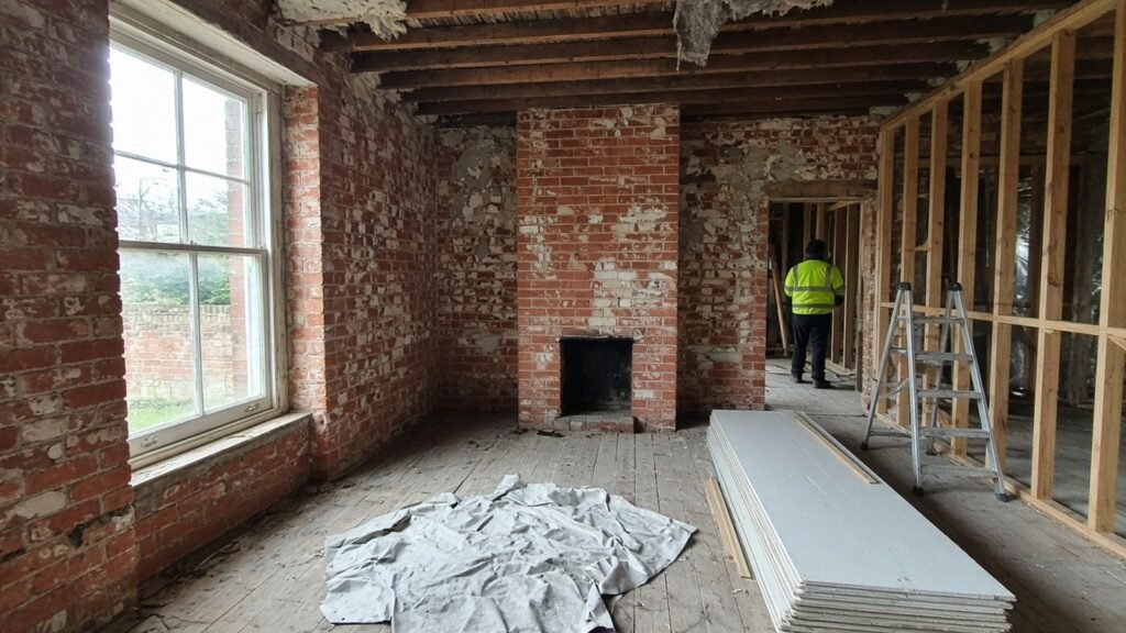 Interior of an Edwardian terraced house stripped back to brick and joists for a full refurbishment in Addiscombe