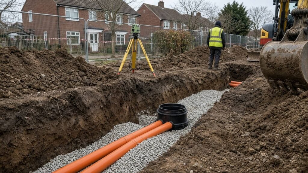 Open drainage trench with new plastic pipes on a pea-shingle bed and an inspection chamber on a Croydon site