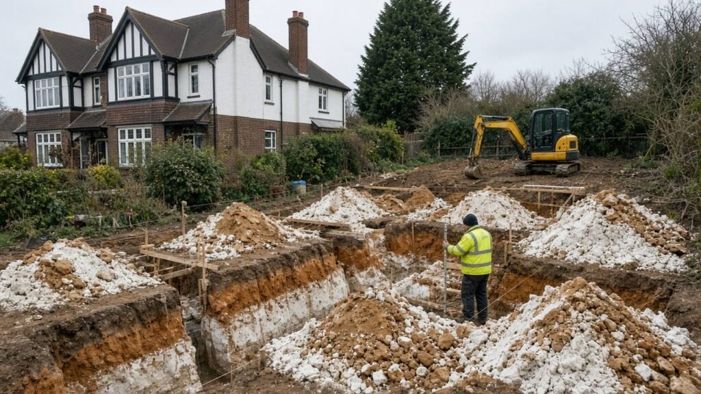 Foundation trenches dug for a house extension in a sloping garden in Purley, with a mini digger nearby