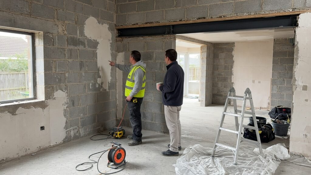 Builder checking a steel beam during a house extension
