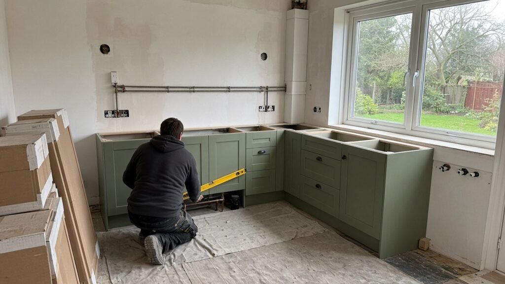 Kitchen mid-renovation with new base units fitted and worktops awaiting installation in a Croydon house