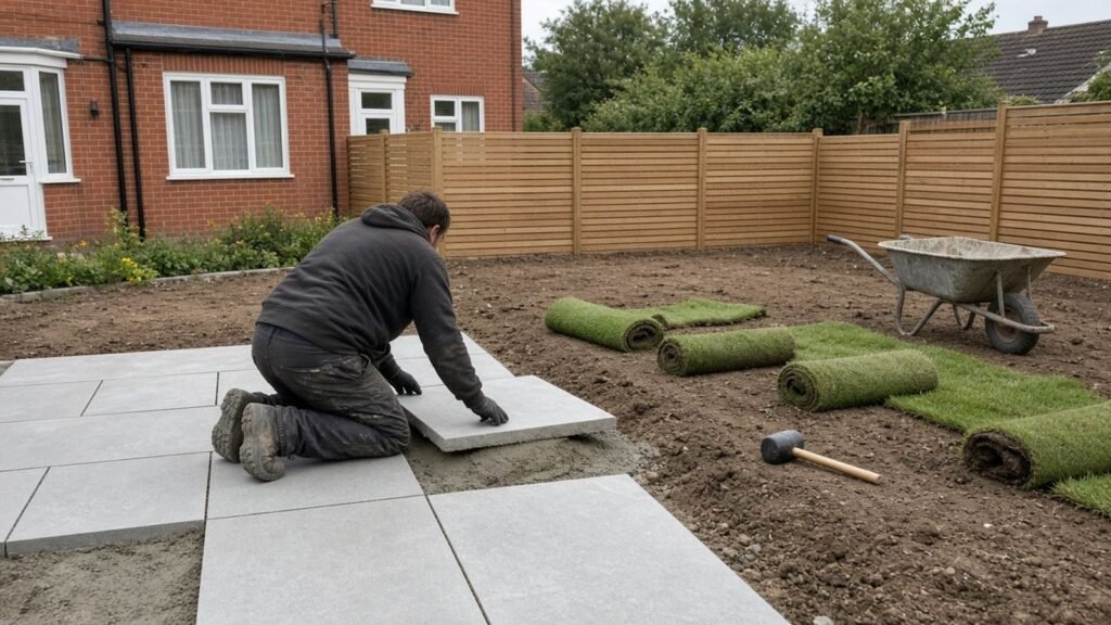 Landscaping in a Croydon back garden with a new porcelain patio being laid beside freshly rolled turf