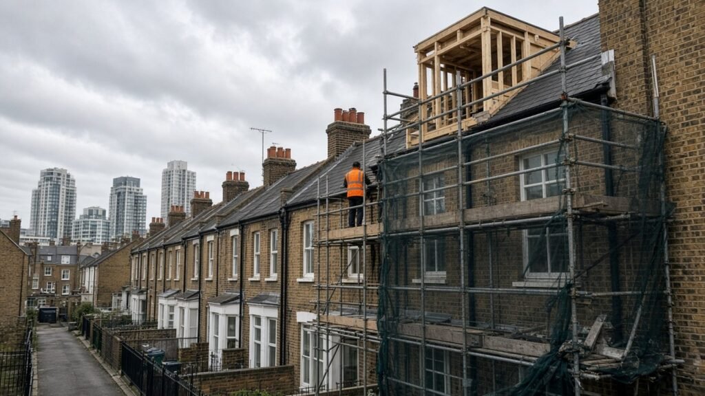 Scaffolding around a Victorian terraced house during a rear loft dormer conversion in Central Croydon