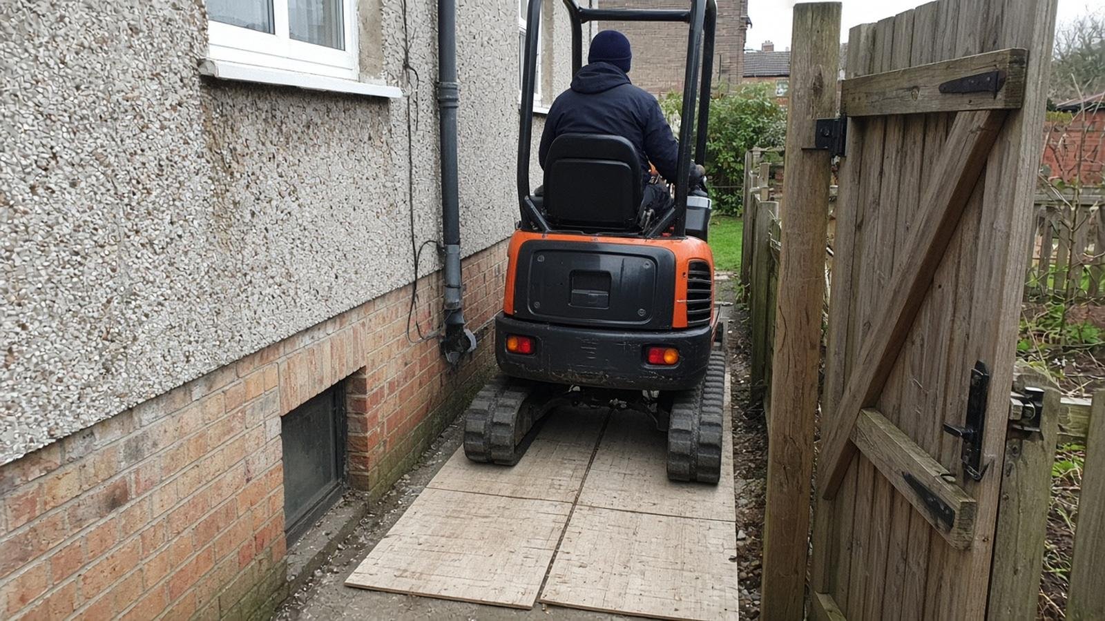 Micro digger driving through the narrow side passage of a semi-detached house