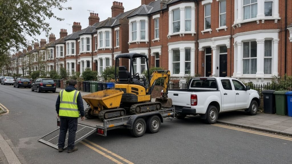 Mini digger and dumper delivered on a plant trailer parked on a London residential street