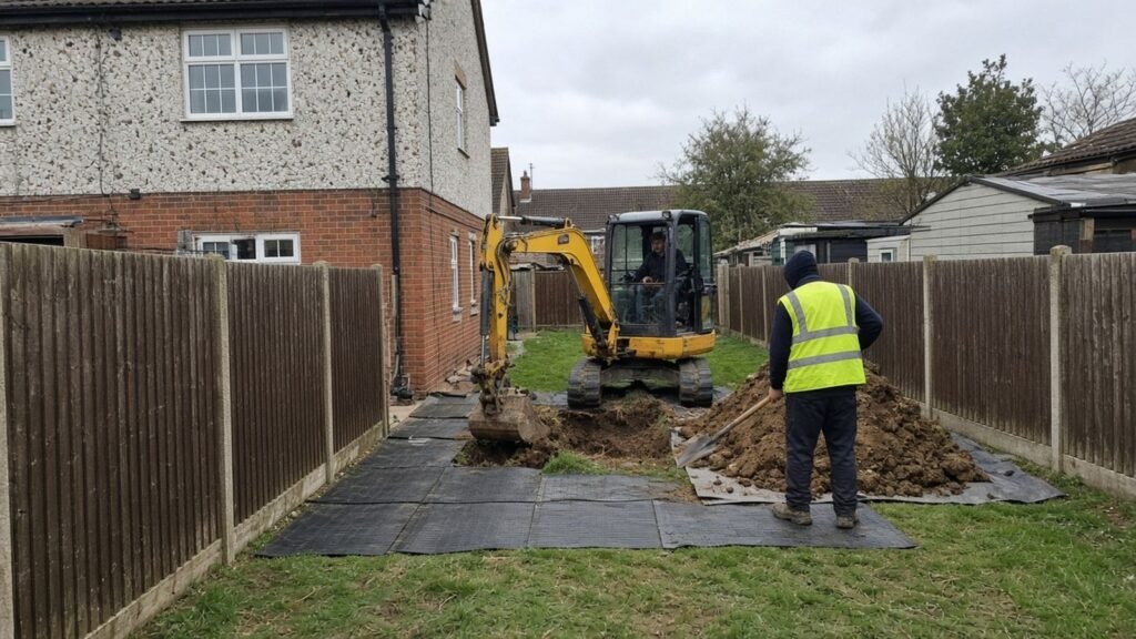 Mini digger excavating a narrow back garden of a post-war estate house in New Addington, with ground protection mats