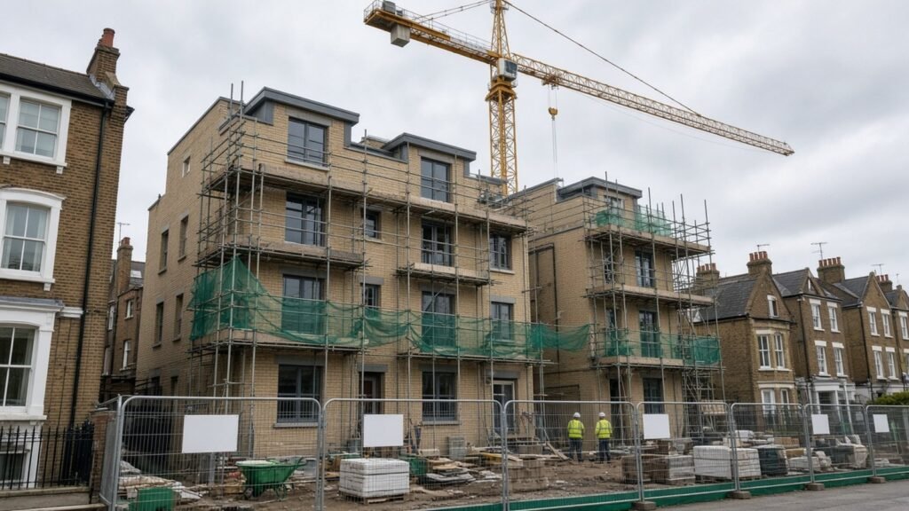 Row of new-build three-storey townhouses under construction with scaffolding and a tower crane in London