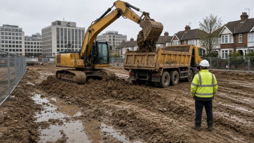 Tracked excavator with operator loading spoil into a tipper lorry on a fenced building site in Croydon