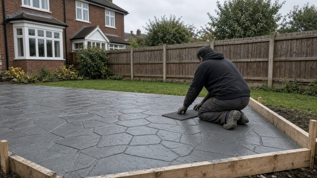 Worker pressing pattern stamps into a freshly laid concrete patio in the back garden of a semi in Bexleyheath
