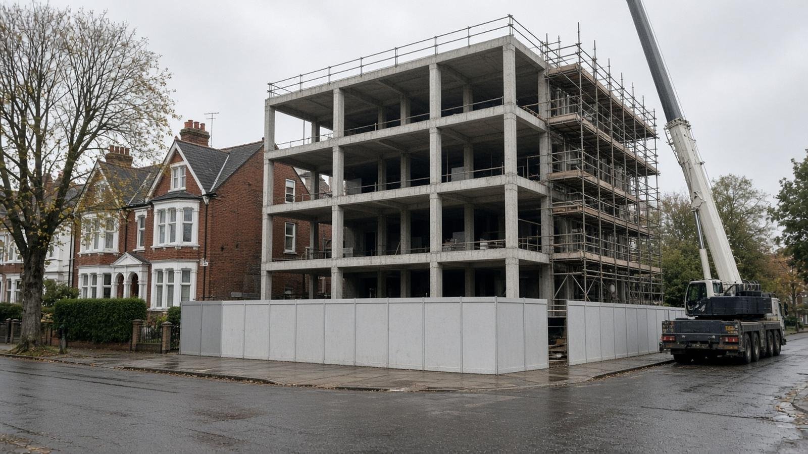 Four-storey reinforced concrete frame for a block of flats beside Edwardian houses on a Surrey street, with scaffolding, hoarding and a mobile crane