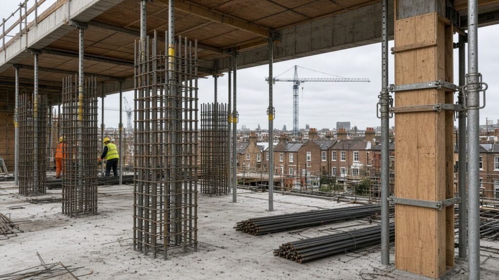 Reinforced concrete frame under construction in London with rebar column cages and slab formwork