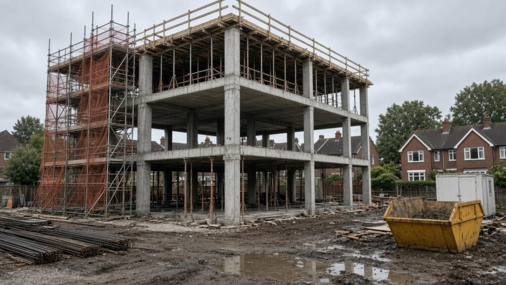 Three-storey reinforced concrete frame under construction on a Surrey building plot, with formwork props, scaffolding, stacked rebar and a skip