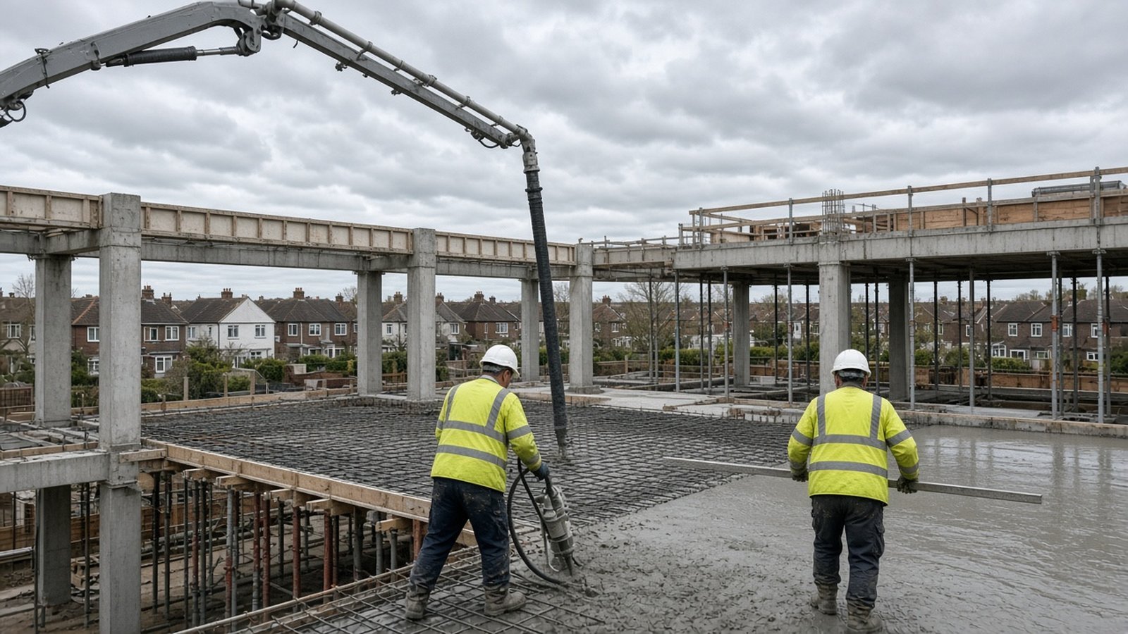 Concrete pump boom pouring a reinforced concrete slab while two workers in hi-vis vibrate and screed the concrete on an RC frame