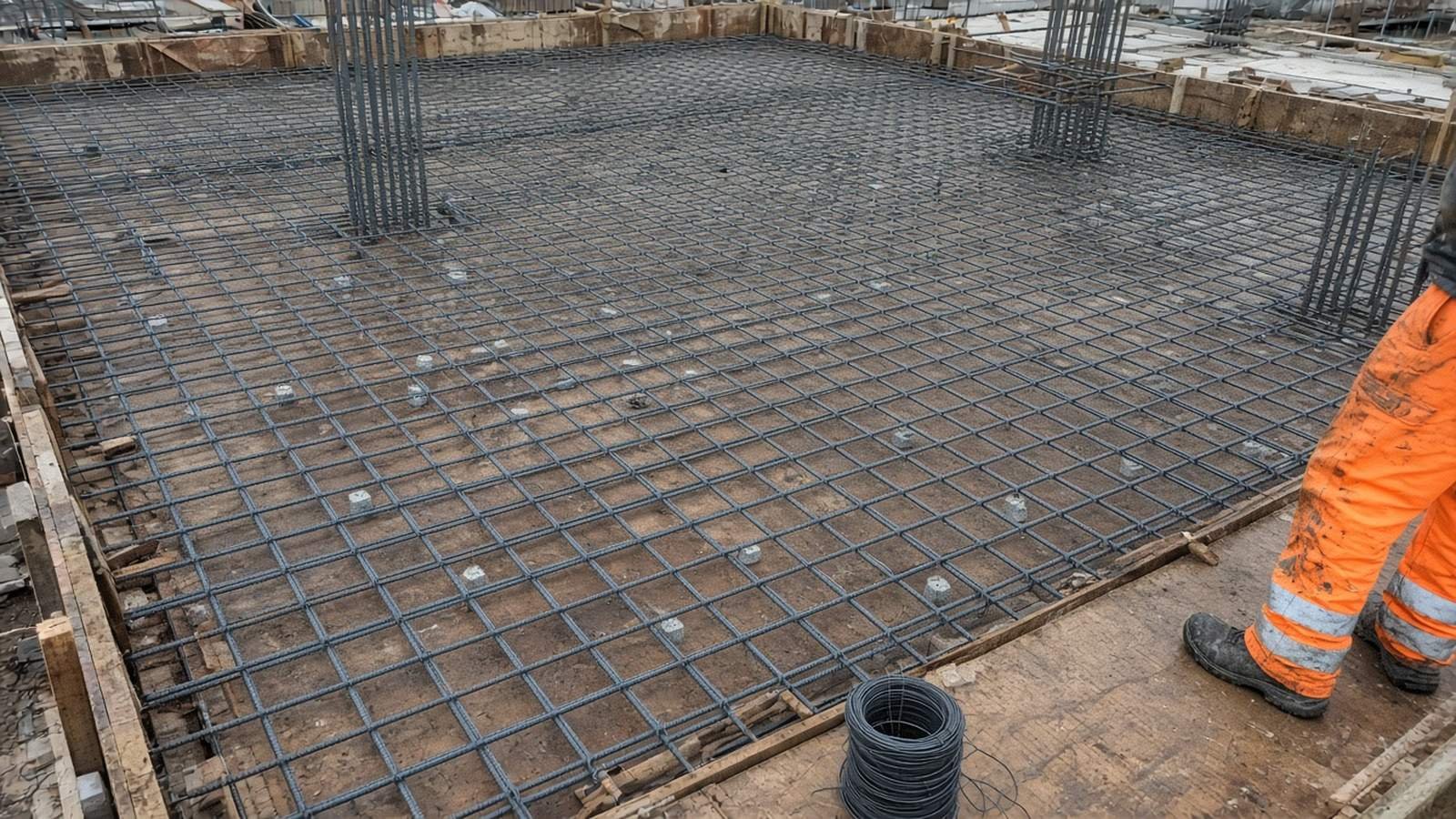 Tied steel rebar mesh on spacers over plywood deck formwork, with column starter bars, ready for an RC slab pour in Surrey