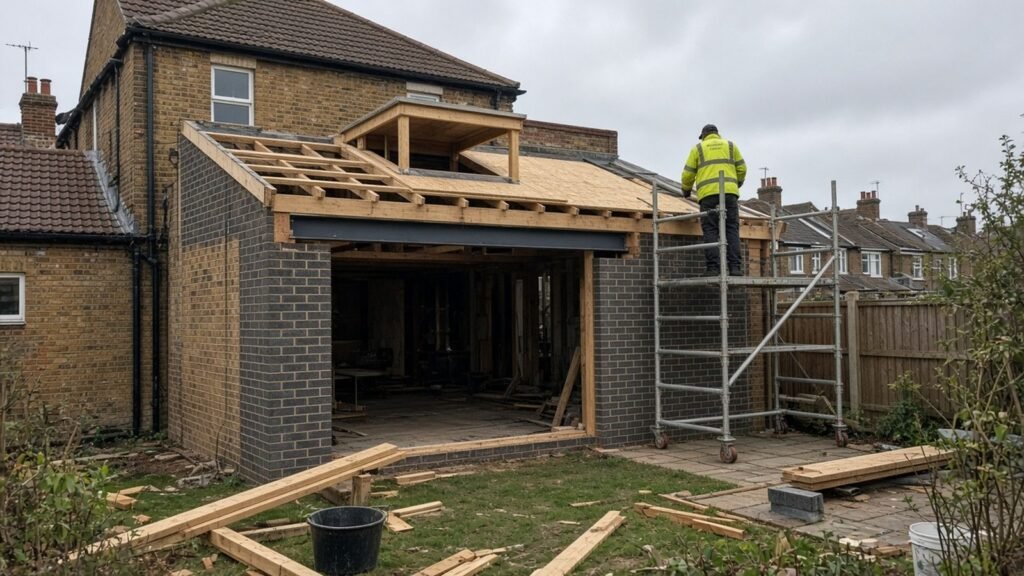 Rear extension at roofing stage with timber flat-roof joists and a roof lantern opening on a Croydon house