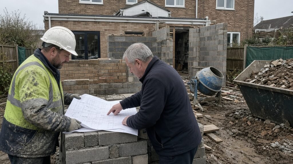 Builder and homeowner reviewing extension plans on site