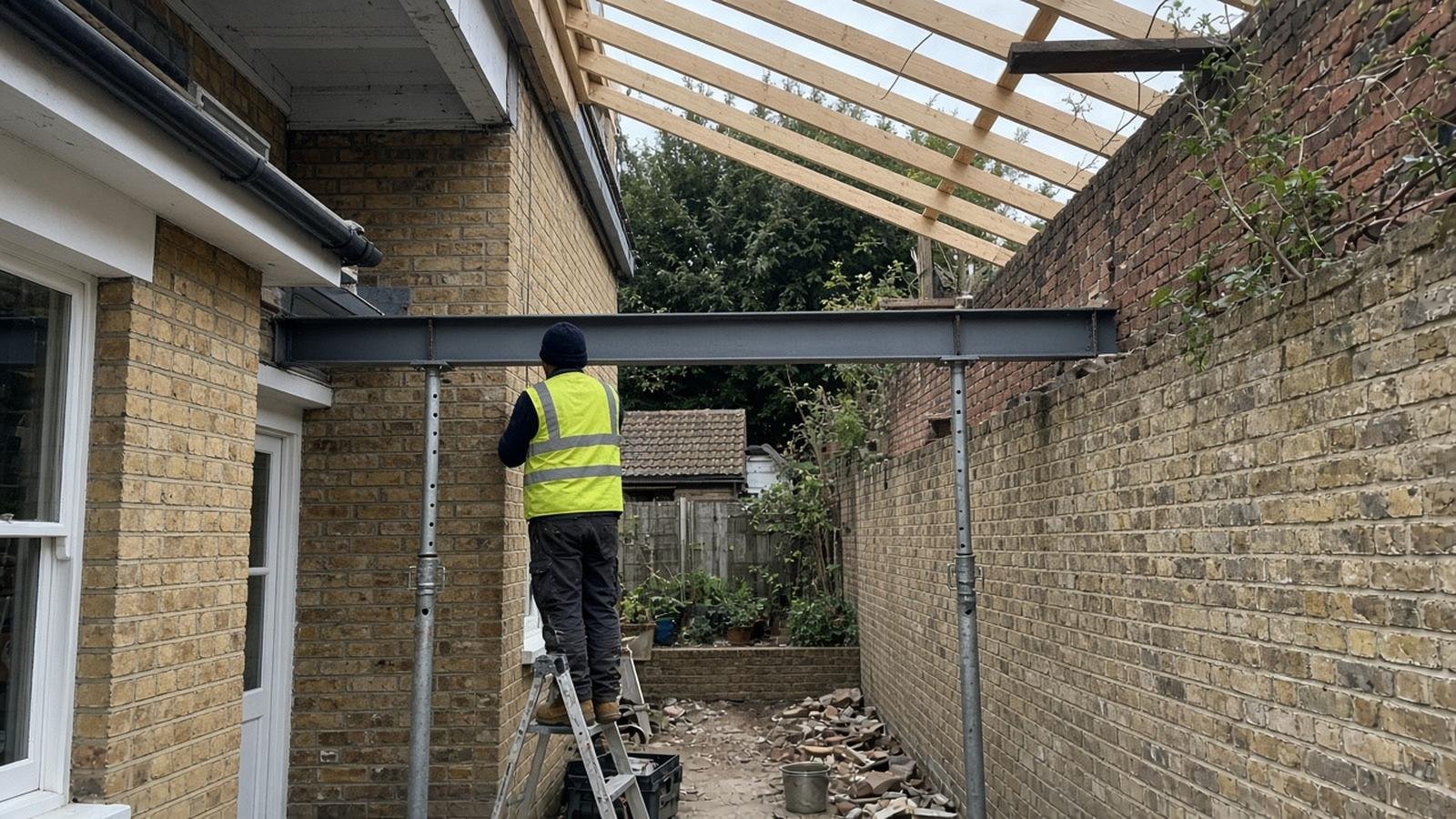 Side return extension under construction on a Victorian terrace, with a steel beam and new roof frame