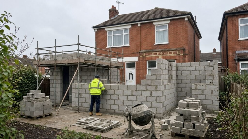 Single-storey rear extension with blockwork walls being built onto a 1930s semi-detached house in Croydon